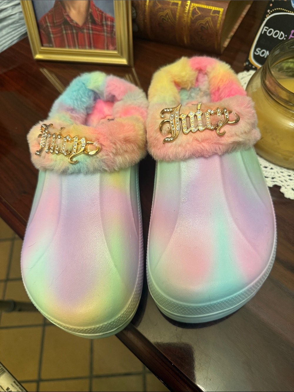 Juicy Couture Pastel Rainbow Faux Fur Clog Mules with Gold Logo